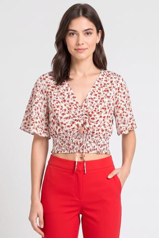 Women V-Neck Short Sleeve Floral Print Top, Multicolor