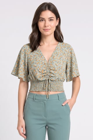 Women V Neck Short Sleeve Floral Top, Multicolor