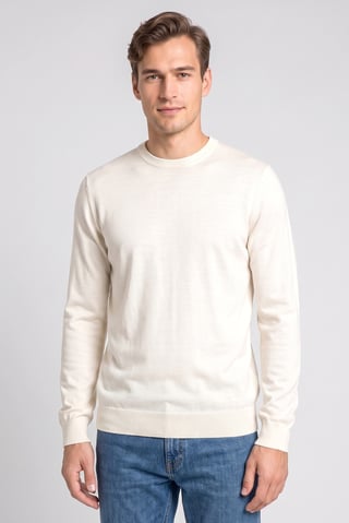 Men Crew Neck Long Sleeve Knitted Sweater, Cream