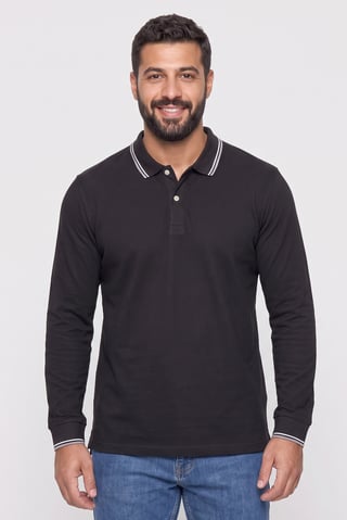 Men Regular Fit Long Sleeve Plain Polo Shirt, Black