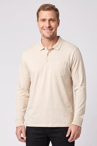 Men Regular Fit Plain Long Sleeve Polo Shirt, Beige