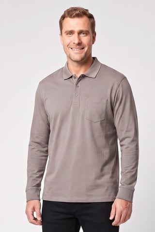 Men Regular Fit Plain Long Sleeve Polo Shirt, Dark Grey