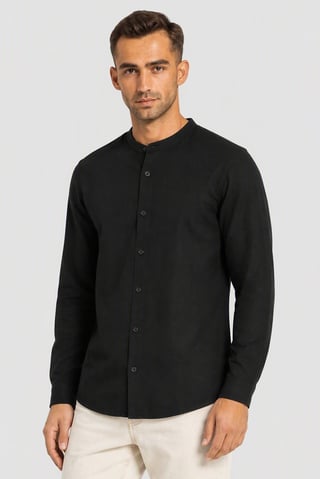 Men Regular Fit Long Sleeve Chambray Casual Shirt, Black