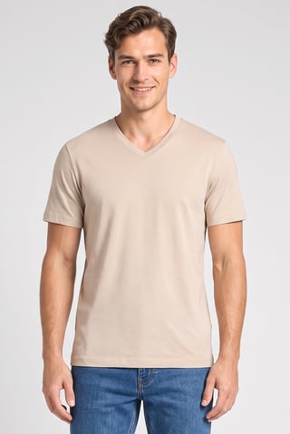 Men V Neck Short Sleeve Solid T-Shirt, Beige