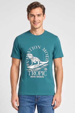 Men Crew Neck Short Sleeves Brand Logo T-Shirt, Teal Green