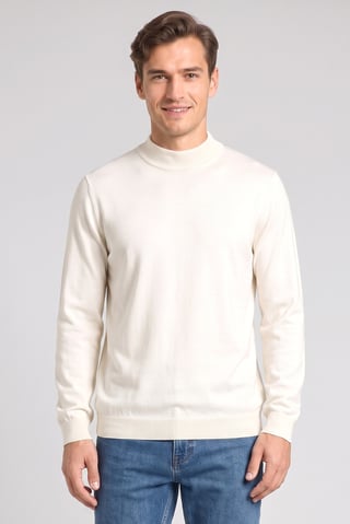 Men Mock Neck Knitted Sweater, Cream