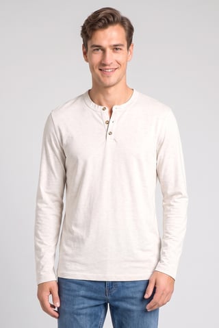 Men Henley Collar Long Sleeve Heather T-Shirt, Beige