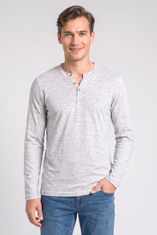 Men Henley Collar Long Sleeve Heather T-Shirt, Light Grey