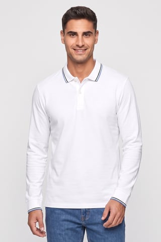 Men Regular Fit Long Sleeve Plain Polo Shirt, White