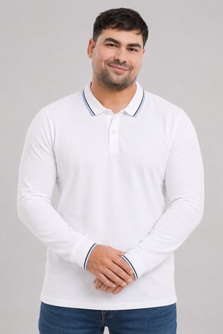 Men Regular Fit Plain Long Sleeve Polo Shirt, White
