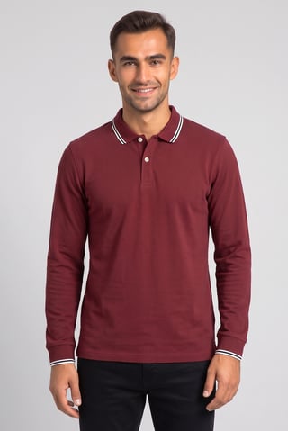 Men Regular Fit Long Sleeve Plain Polo Shirt, Maroon
