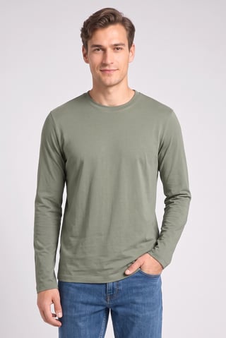 Men Crew Neck Long Sleeve Plain T-Shirt, Olive