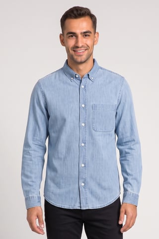 Men Regular Fit Washed Long Sleeve Denim Shirt, Blue