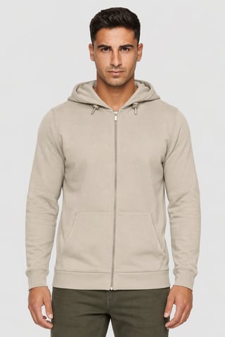Men Long Sleeve Textured Full Zip Hoodie, Light Beige
