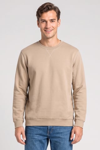 Men Crew Neck Long Sleeve Solid Sweatshirt, Beige