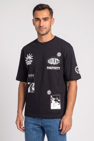 Men Crew Neck Short Sleeve Graphic Print T-Shirt, Black