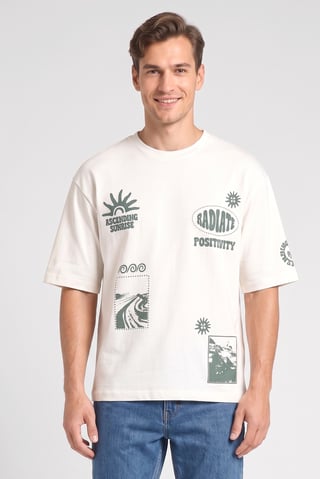 Men Crew Neck Short Sleeve Graphic Print T-Shirt, Off White