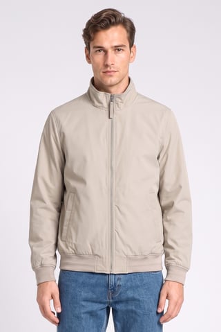 Men High Neck Solid Jacket Shirt, Beige