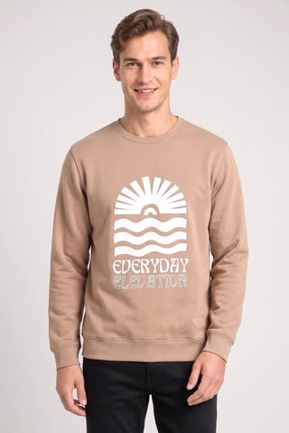 Men Crew Neck Long Sleeve Graphic Print Sweatshirt, Tan