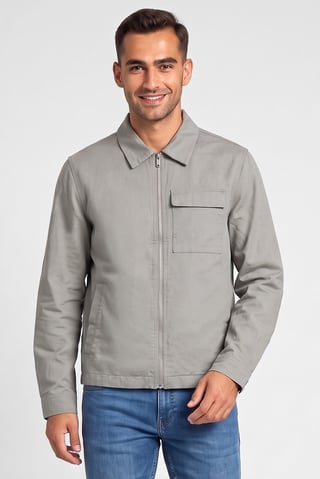Men Solid Long Sleeve Full Zip Jacket Shirt, Sage Green