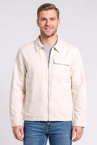 Men Solid Long Sleeve Jacket Shirt, Light Beige
