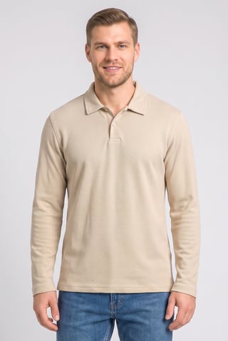 Men Regular Fit Long Sleeve Textured Polo Shirt, Beige