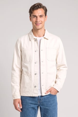 Men Plain Denim Jacket Shirt, Light Beige