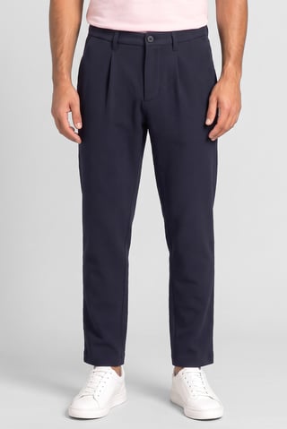 Men Slim Fit Textured Straight Leg Pants, Navy