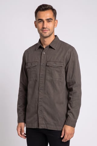 Men Regular Fit Long Sleeve Solid Casual Shirt, Dark Olive