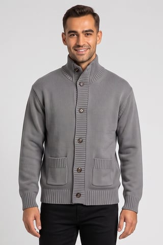 Men High Neck Knitted Cardigan, Grey