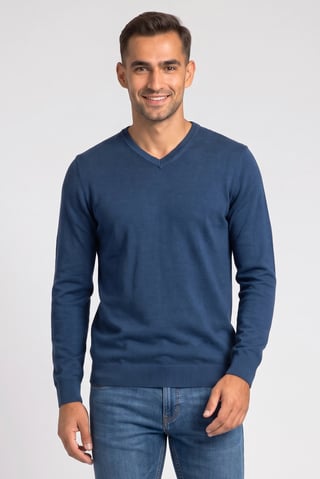 Men V Neck Knitted Sweater, Teal Blue