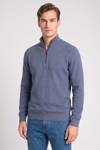 Men High Neck Textured Print Sweater, Blue