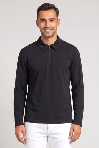 Men Regular Fit Plain Long Sleeve Polo Shirt, Navy