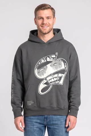 Men Hood Graphic Print Long Sleeve Sweatshirt, Dark Grey
