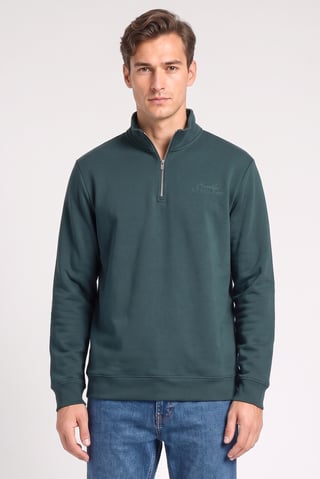 Men High Neck Embroidered Long Sleeve Sweatshirt, Dark Green