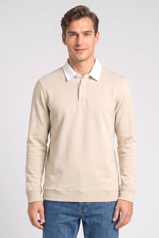Men Regular Fit Long Sleeve Plain Polo Shirt, Light Beige