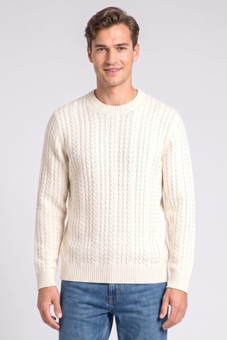 Men Crew Neck Knitted Sweater, Light Beige