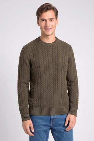 Men Crew Neck Cable Knit Sweater, Dark Olive