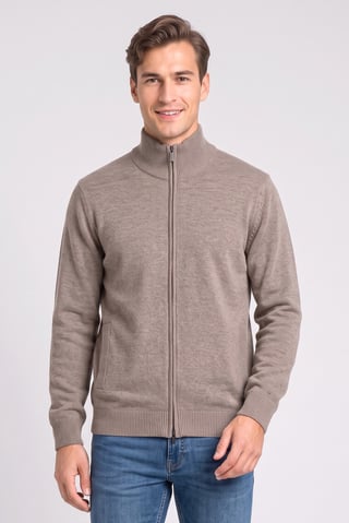 Men Crew Neck Knitted Cardigan, Beige