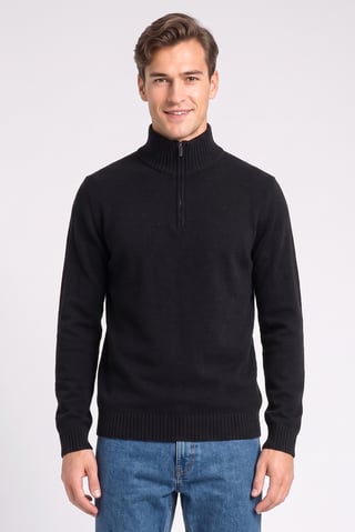 Men High Neck Knitted Half Zip Sweater, Black