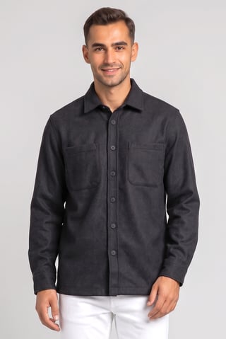 Men Oversized Fit Long Sleeve Textured Jacket Shirt, Black