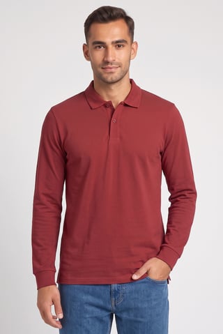 Men Regular Fit Solid Long Sleeve Polo Shirt, Maroon