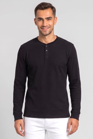 Men Henley Neck Long Sleeves Textured T-Shirt, Black