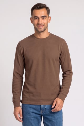Men Crew Neck Long Sleeve Textured T-Shirt, Brown