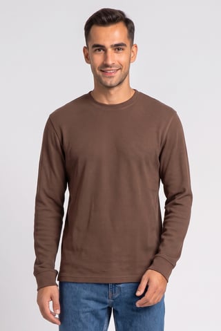 Men Crew Neck Long Sleeve Textured T-Shirt, Brown