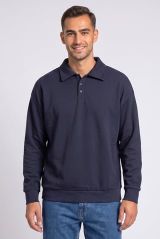 Men Spread Collar Textured Long Sleeve Sweatshirt, Navy