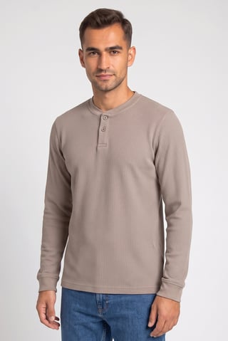 Men Henley Neck Long Sleeves Textured T-Shirt, Beige
