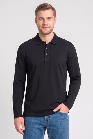 Men Regular Fit Plain Long Sleeve Polo Shirt, Black