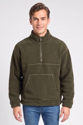 Men Mock Neck Textured Half Zip Sweatshirt, Deep Khaki