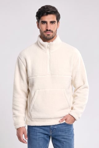 Men High Neck Textured Half Zip Sweatshirt, Cream